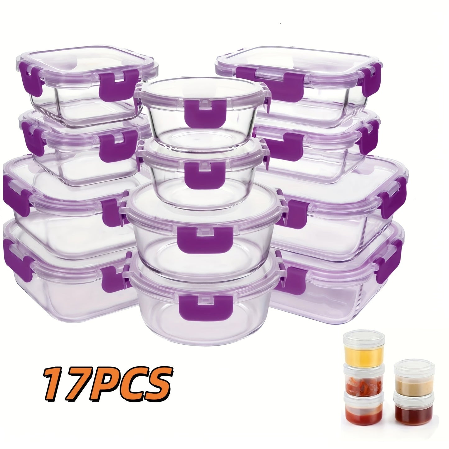 Food Storage Containers Borosilicate Glass Set with Locking Lids in 10-, 12- or 17-Piece Color Options