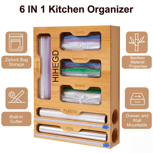 Bamboo Wrap Dispenser 6-in-1 Kitchen Organizer – Built-In Cutter, 6-Grid Storage Box for Plastic Wrap, Aluminum Foil & Bags, Space-Saving Drawer Organizer for Pantry & Kitchen Counter