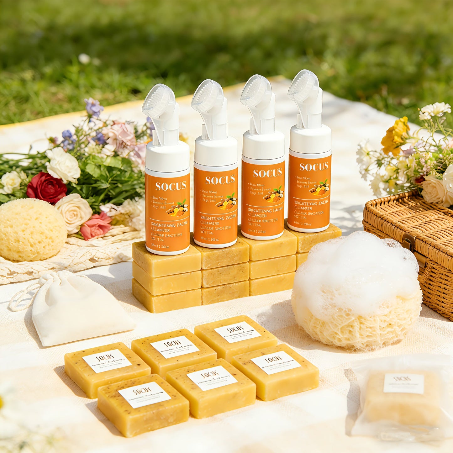 Turmeric Kojic Acid Brightening Soap Handmade Lemon Cold Process Deep Cleansing Hydrating Bar for Face & Body All Skin Types โ Bundle Sets with Liquid Soap & Face Wash, Skincare Gift for Women