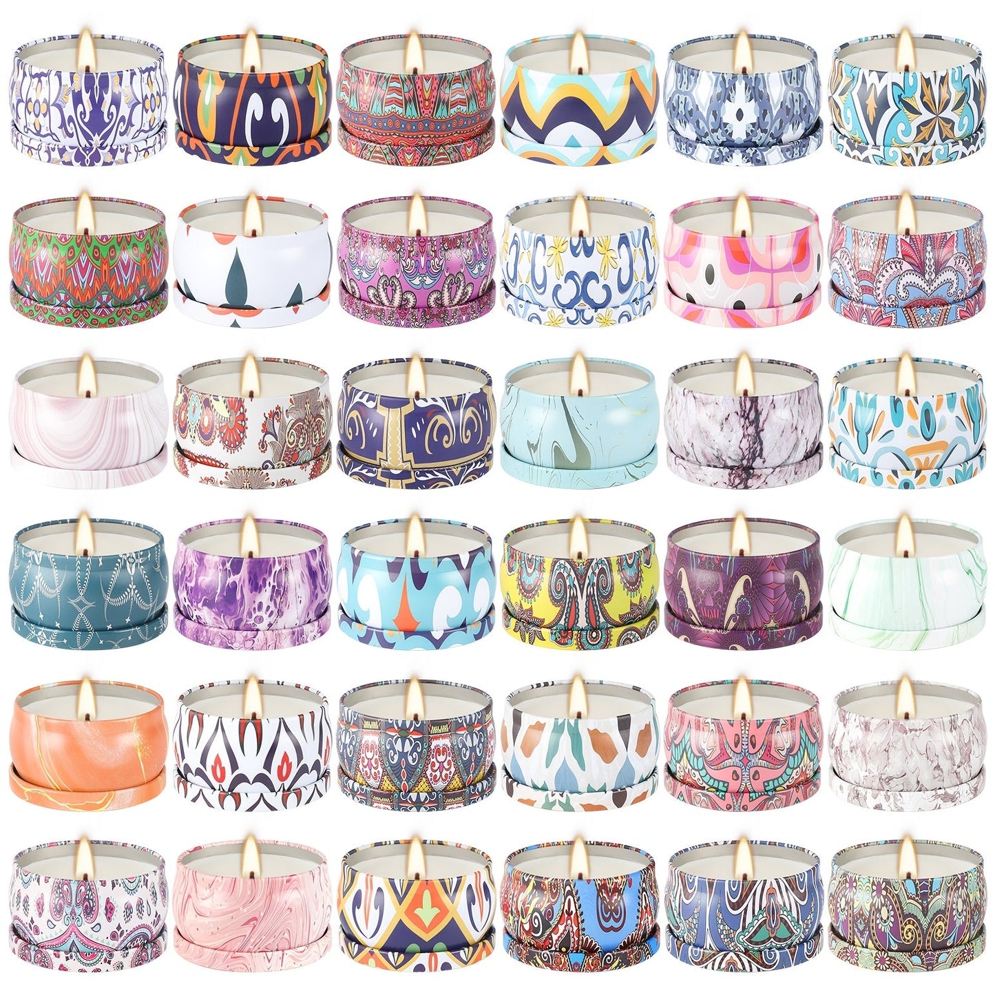 36-Piece Candle Gift Set with Lidded 2.5oz Decorative Tins in Three Coordinated Design Families