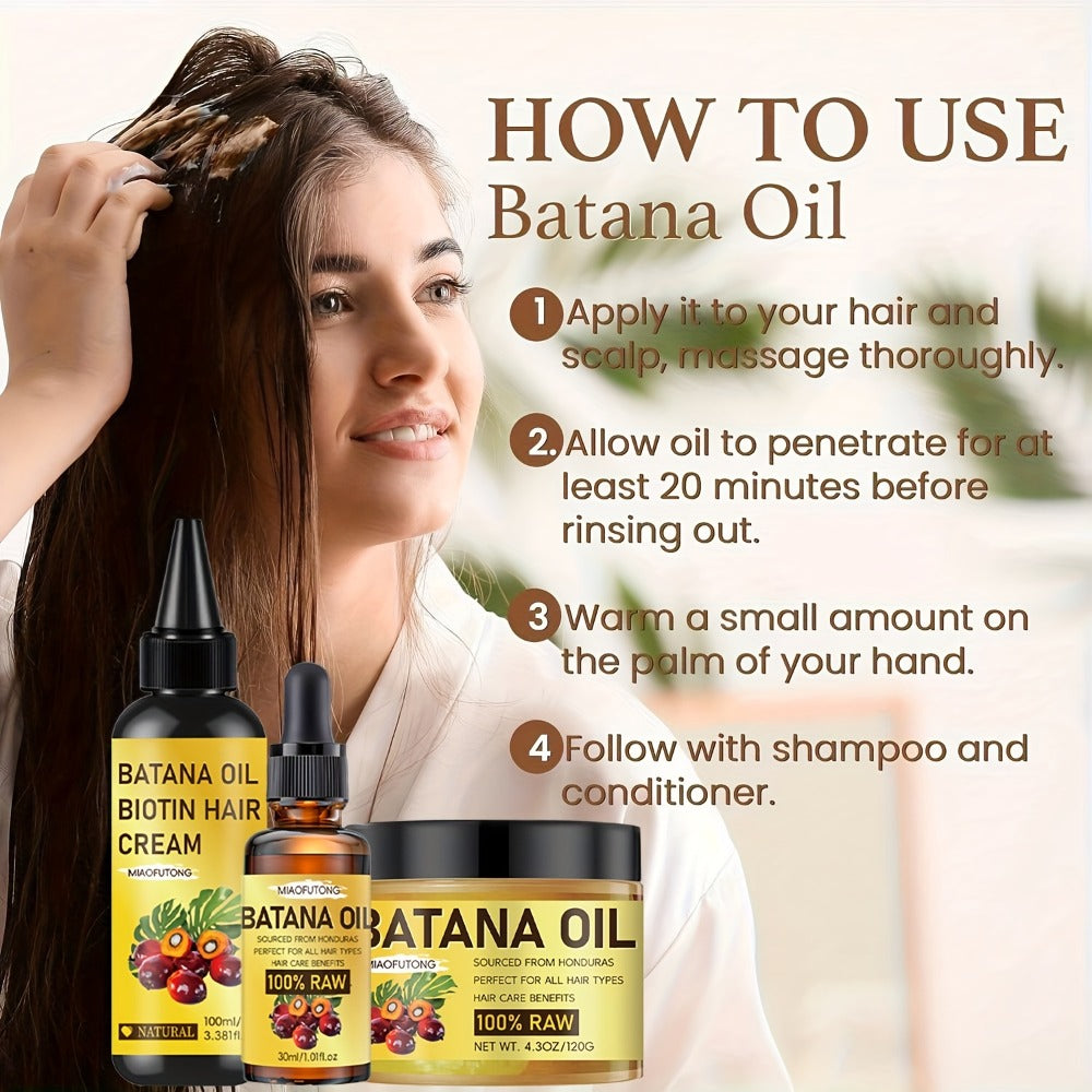 Batana Oil Hair Care Kit 3pcs — Pure Cold-Pressed Honduran Battana Hair Cream, Hair Oil & Essential Oil, Repairs Damage & Adds Shine, Nourishes Scalp, All Hair Types