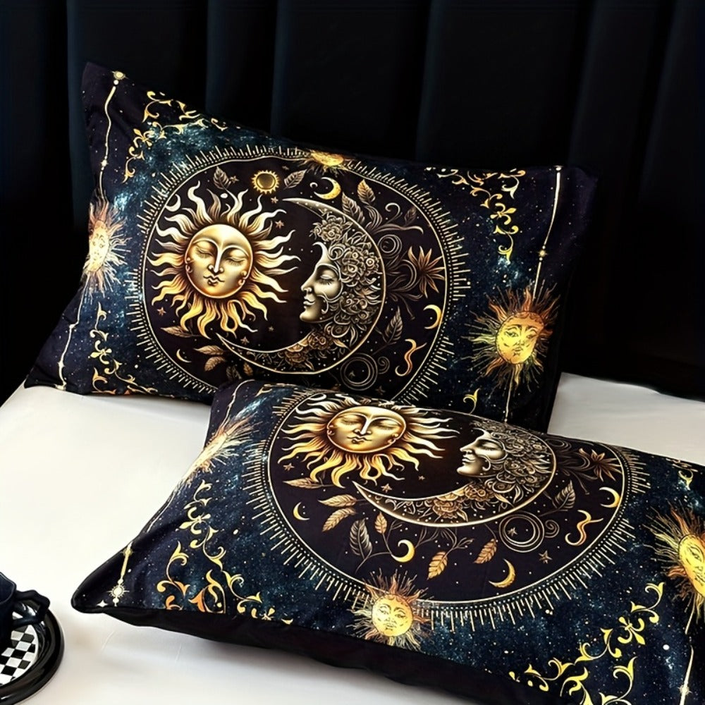 3-Piece Duvet Cover Set with Gold-Tone Sun, Moon, Star and Orbit Print in Twin to King Sizes