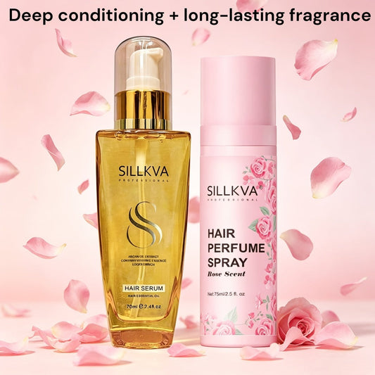 Argan Hair Oil & Rose Scented Spray Set for Women | Moroccan Penetrating Treatment Smooths Frizz Moisturizes Strengthens | Long-Lasting Rose Fragrance | Hair Care Duo Gift Set
