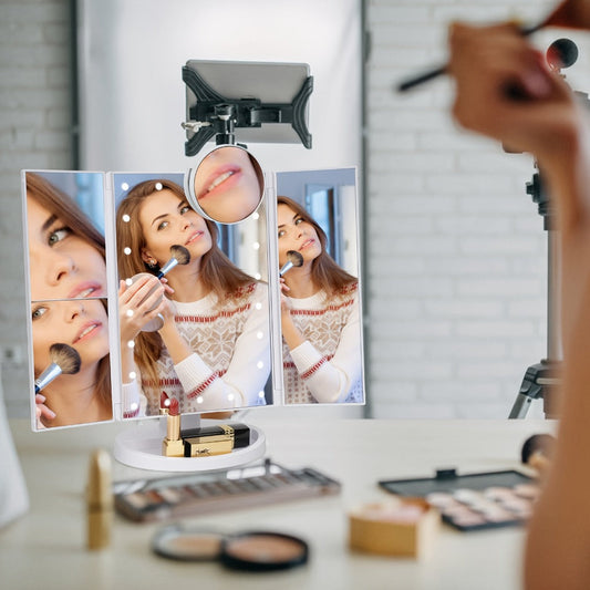 Trifold LED Vanity Mirror with 1X 2X 3X 10X Magnification Touch Screen Adjustable Brightness - USB Powered Lighted Folding Cosmetic Mirror for Bathroom Dressing Table Women
