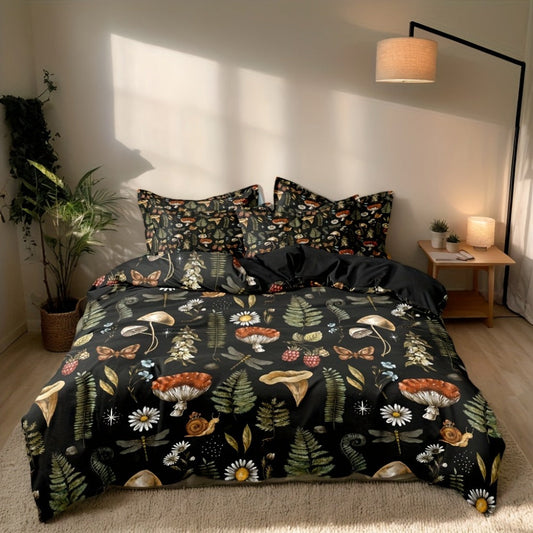 Duvet Cover Set 3-Piece Forest Mushroom Pattern – Soft Polyester Bedding with Zipper Closure, Twin Full Queen King – Bedroom & Guest Room