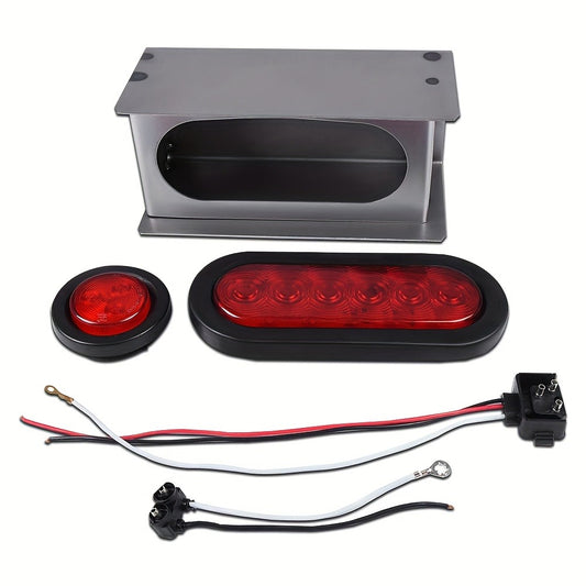LED Trailer Tail Lights Steel Housing Box 6" Oval Stop Turn Tail Light + 2" Round Amber Marker Lights DOT Rated Heavy Duty for Semi Truck Cargo Boat Trailer, 14-Gauge Steel Enclosure