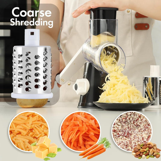 Rotary Cheese Grater – Stainless Steel Hand Crank Shredder with 3 Interchangeable Blades, Non-Slip Suction Base & Cleaning Brush, BPA-Free Vegetable Grater for Cheese, Nuts & Vegetables