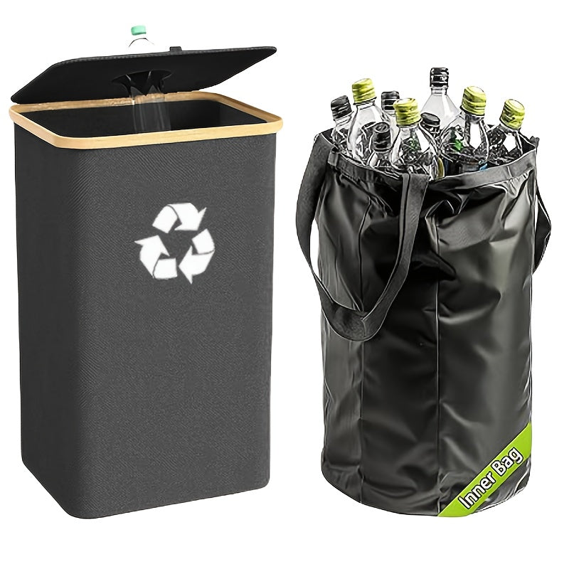 Collapsible 100L Recycling Bin with Lid and Removable Inner Bag in Black or Dark Gray for Home Sorting