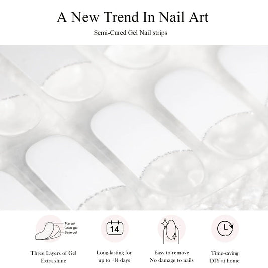 Semi Gel Nail Polish Stickers Kit 20Pcs with 12W LED Nail Lamp 8-Bead Curing Light Full-Wrap Nail Stickers 2nd Gen Soft Gel Tips White French Manicure Complete Set for Women Beginners Home DIY