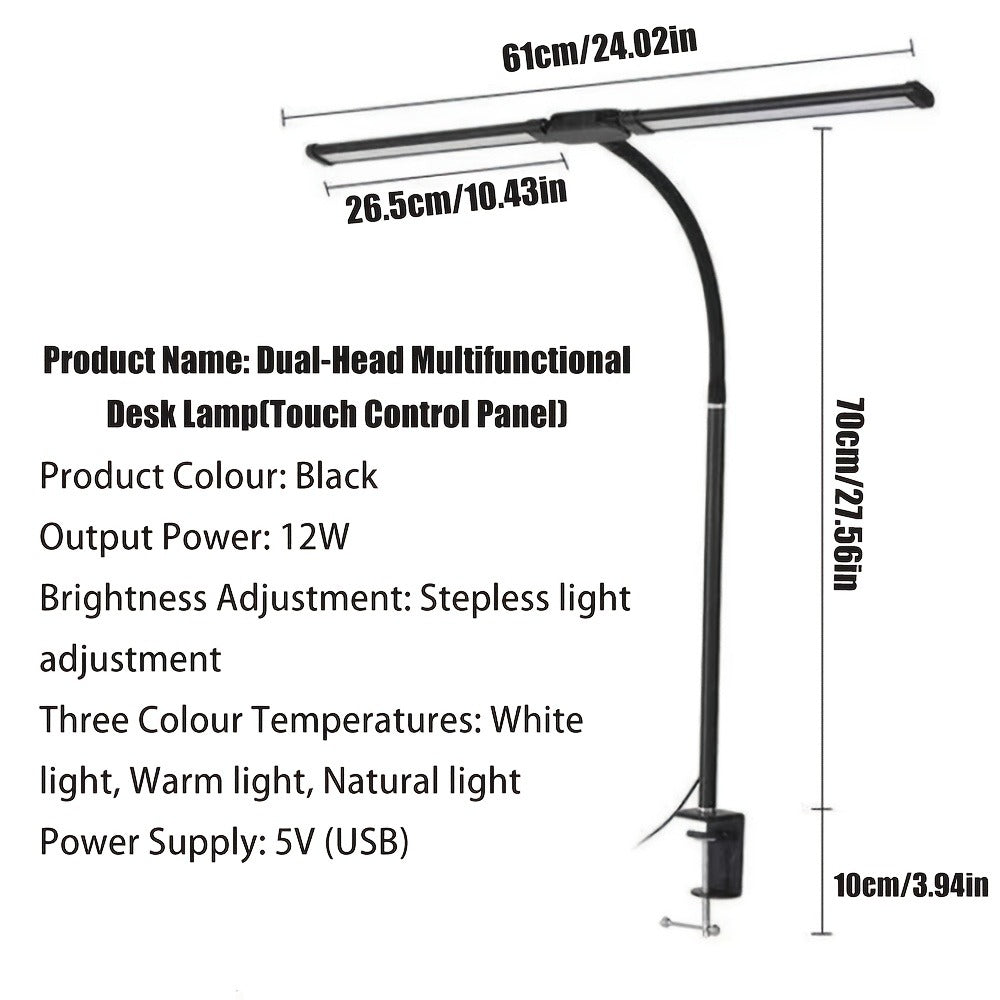 Dual-Head LED Desk Lamp with 28-Inch Light Bars, Clamp Base, USB Controller and Three Color Modes