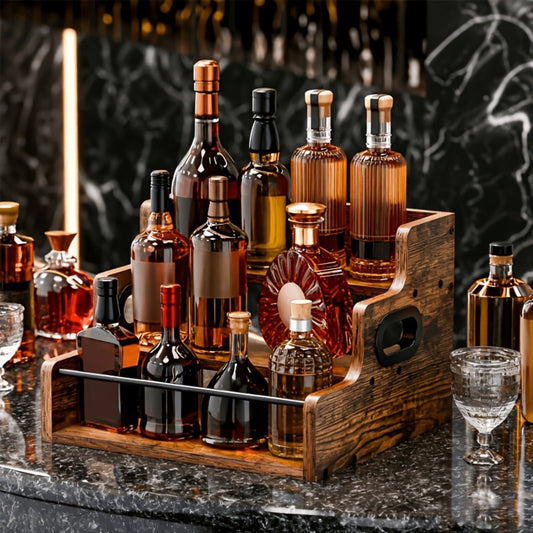 Wood Wine Rack 3 Tier Countertop Liquor Bottle Display Shelf | Solid Wood Bar Organizer for Whiskey Spirits Coffee Syrup Spices | Retro Mini Bar Cabinet Stand for Home Kitchen
