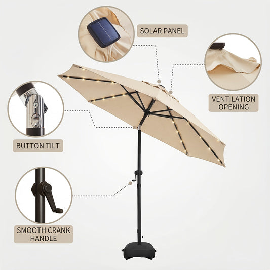 Patio Umbrella 9ft Solar LED Lighted with Base, 32 LED Market Umbrella with Ventilation, Push Button Tilt & Crank, Outdoor Table Umbrella for Garden, Deck, Backyard & Pool