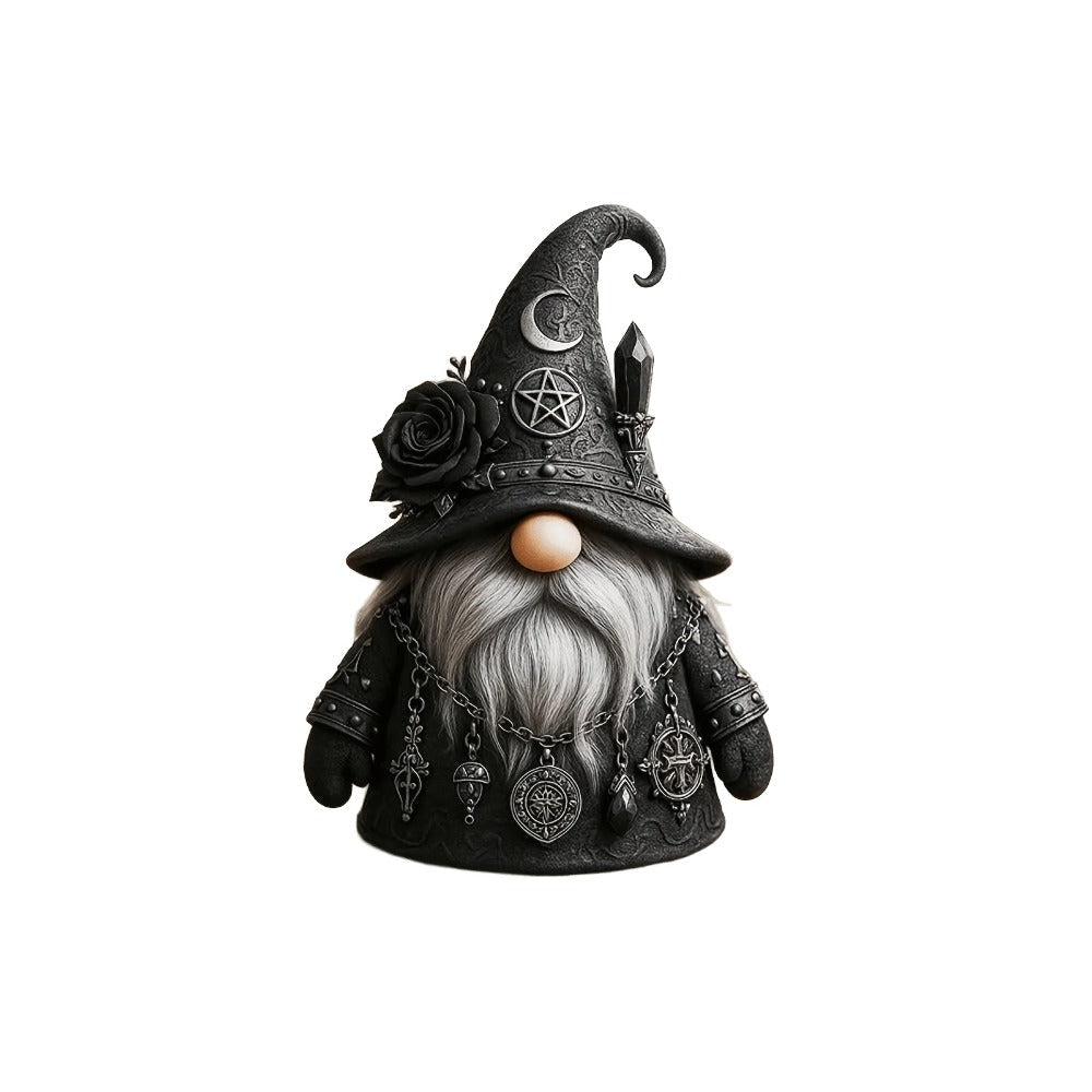 Gothic Gnome Figurine in Resin with Crescent-Marked Hat, Rose and Pentagram Details and 15 x 10cm Size