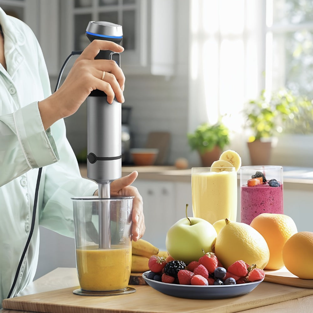 Seven-in-One Immersion Blender Set with 15 Speed Settings, Turbo Control, Chopper, Beaker and Whisks