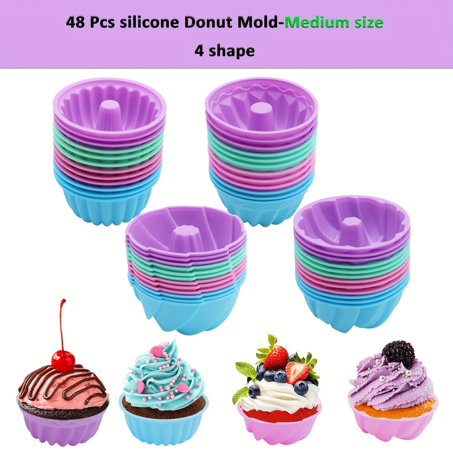 48-Piece Silicone Donut Mold Set with Four Shapes in Small or Medium Sizes for Muffins and Cupcakes