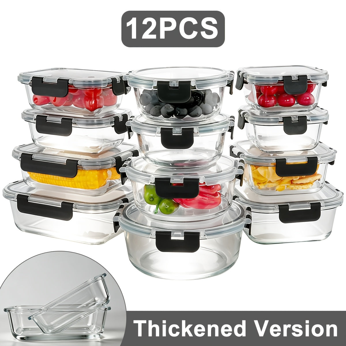 Food Storage Containers 12-Piece Glass Set with Clip-On Lids for Microwave, Oven, Freezer and Dishwasher Use