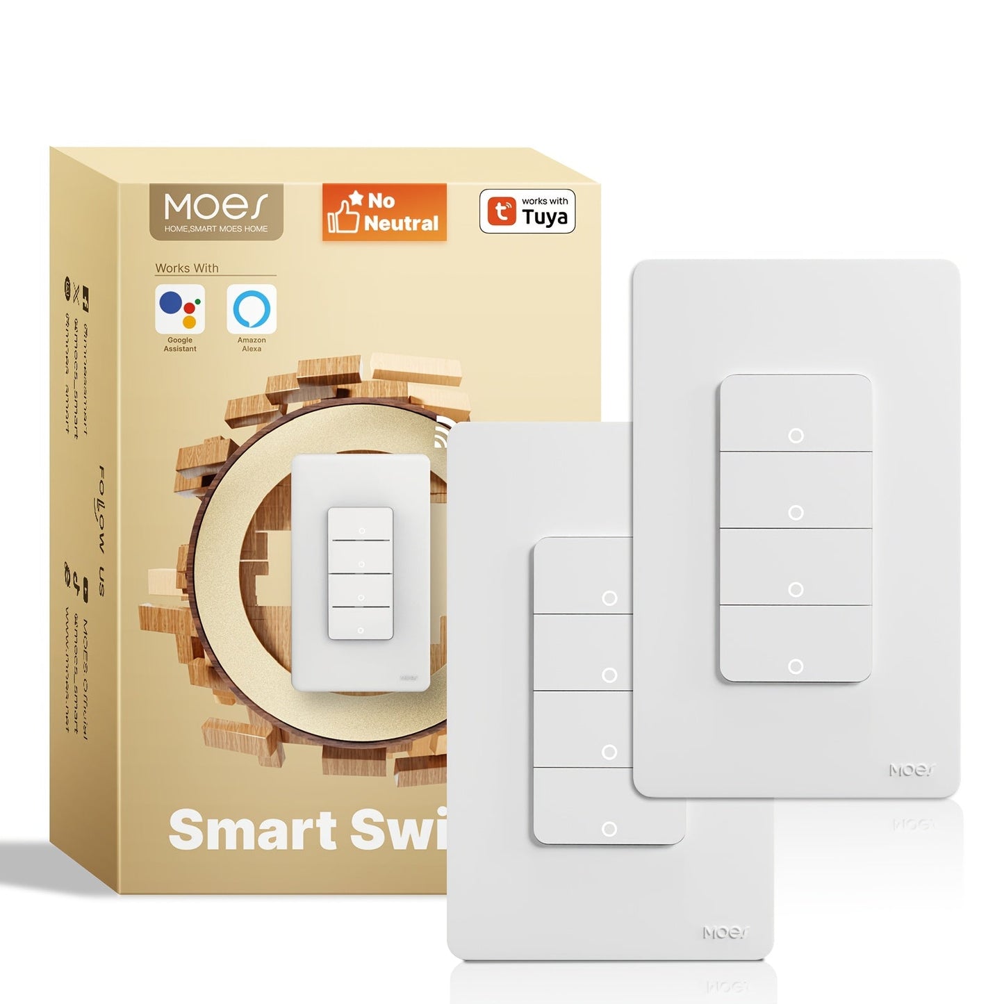 White No-Neutral WiFi Wall Switch Two-Pack with One-, Two-, Three- or Four-Gang Mechanical Button Options