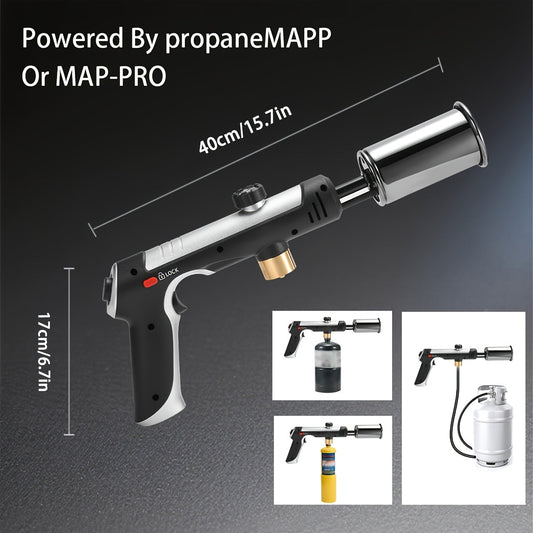 Propane Torch with One-Touch Max Fire & Safety Lock, Cooking Blow Torch Gun for Sous Vide, Searing Steak, BBQ, Grill, Campfire & Charcoal, Adjustable Flame Kitchen Torch, Black/Golden (Tank Not Included)