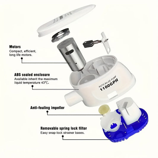 Submersible Bilge Pump 1100GPH 12V Water-Cooled Motor Dry Run Protection IP68 Marine Boat