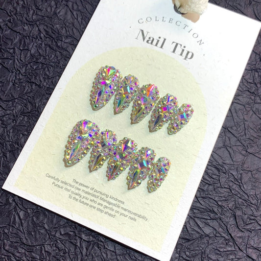 Press On Nails 10-Piece Medium Almond Glitter Color-Block Set with AB Crystal Rhinestones and Tool Kit