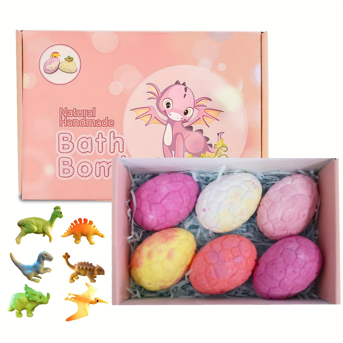 Bath Bombs, 6-Piece Pink Dinosaur Egg Surprise Gift Set with Colorful Fizzers, Hidden Toys and Box Packaging
