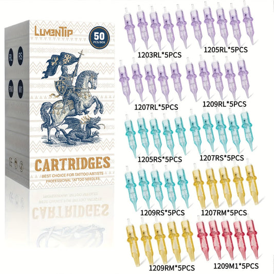 Tattoo Cartridge Needles 50pcs Mixed #12 Lumentip — RL RS RM M1 Stainless Steel, Safety Membrane, Universal Fit for All Tattoo Machines & Pens, Artists & Beginners