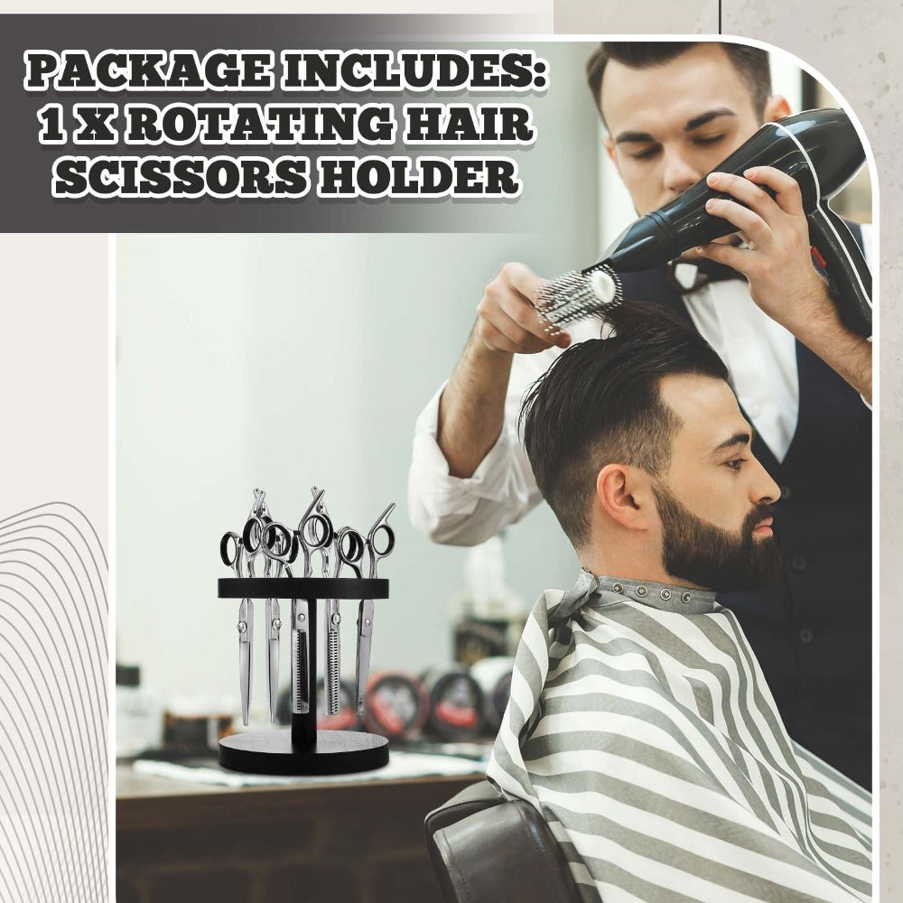 360° Rotating 10-Slot Scissor Holder with Wooden Base for Barber Shears and Salon Styling Tools