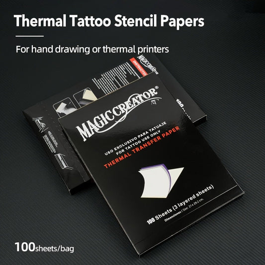 Tattoo Transfer Paper 100 Sheets 4-Layer Thermal Stencil — Sharp Precise Design Transfer, Hand Drawing & Thermal Printer Compatible, Professional Tattoo Stencil Paper for Studios & Beginners