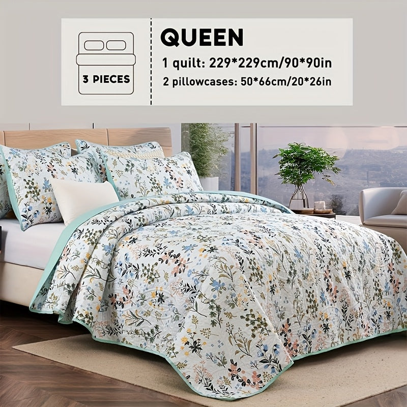 Reversible Botanical Microfiber Quilt Set with Pillow Shams, Five Patterns and Twin, Full/Queen or King Sizes