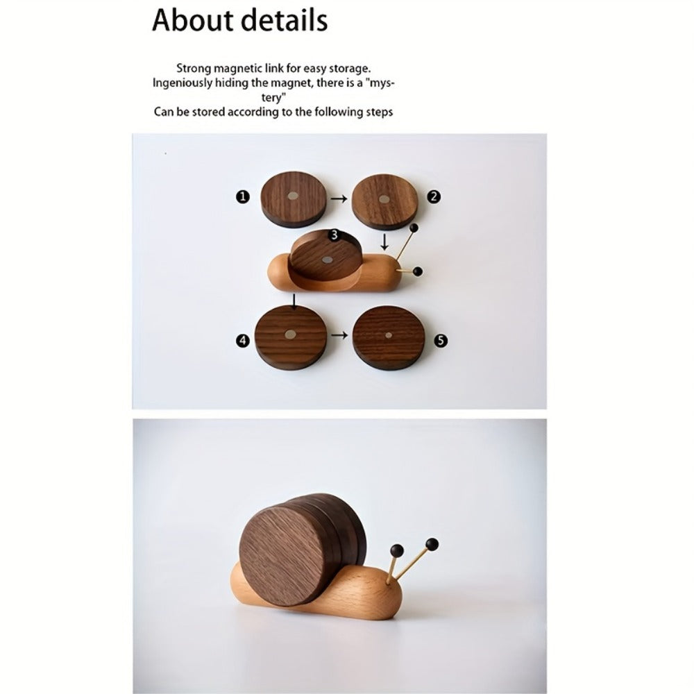 Snail-Shaped Wooden Desk Coaster with Round Walnut-Look Pad and Natural Wood Holder, One-Piece Option