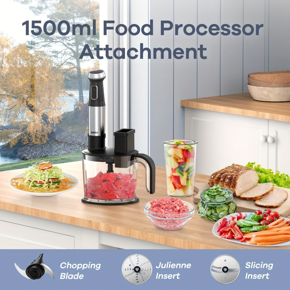 Silver 7-in-1-Labeled Immersion Blender Set with 1500ml Chopper, 800ml Beaker, Whisk and Frother