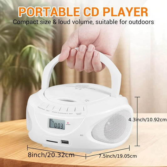 Portable CD Player Boombox with AM FM Radio Dual Stereo Speakers, Aux Input USB TF Card MP3 Player, Earphone Jack, A-B Repeat, Plug & Play 120V, Multi-Function Home & Outdoor CD Boombox