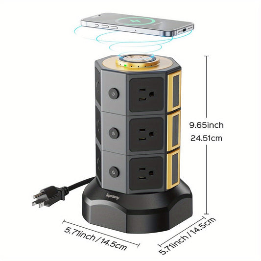 Power Strip Tower with 12 AC Outlets, 4 USB-A, 2 USB-C, 15W Magnetic Wireless Charger and 5.5-Foot Retractable Cord