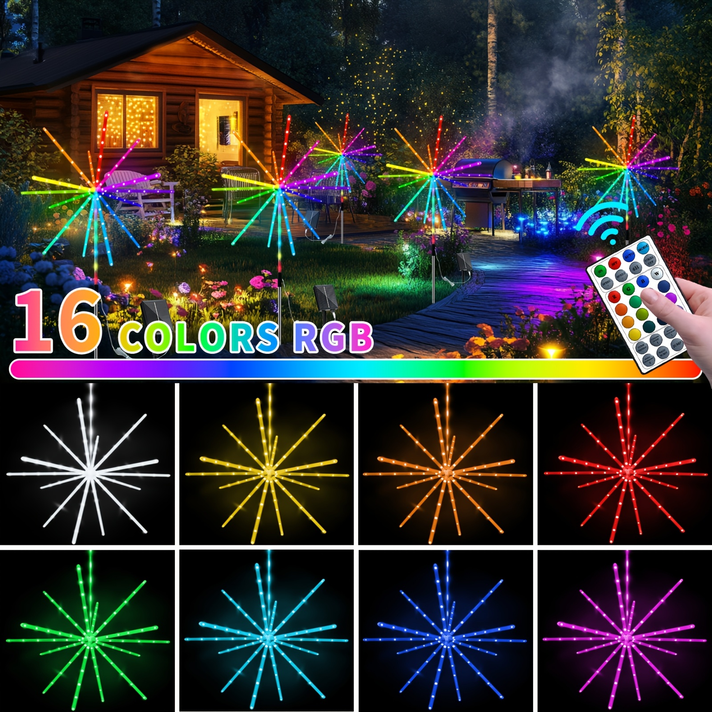 Solar Outdoor Lights 4-Pack 336-LED 3D Meteor Stakes with Remote, Multicolor Output and IP65 Rating