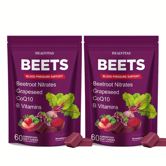 Beet Root Gummies for Blood Pressure & Heart Health with CoQ10 Vitamin B12 B6 Grapeseed Extract — Chewable SuperBeets Blood Flow Booster Nitric Oxide Supplement for Men Women 1 2 3 Pack