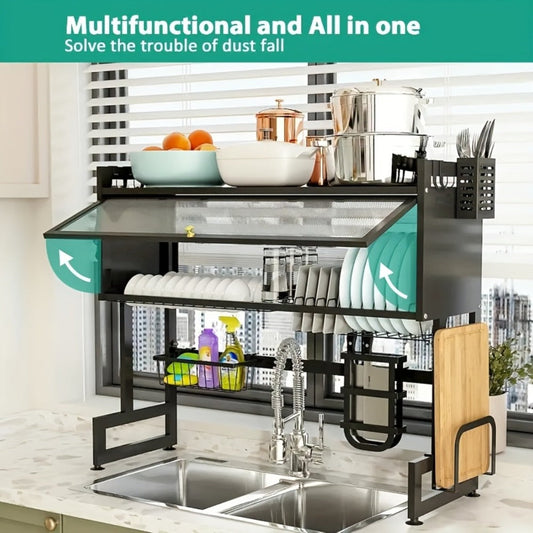 Dish Drying Rack Multi-Layer Kitchen Countertop Organizer - Dust-Free Drainer for Plates Bowls Utensils