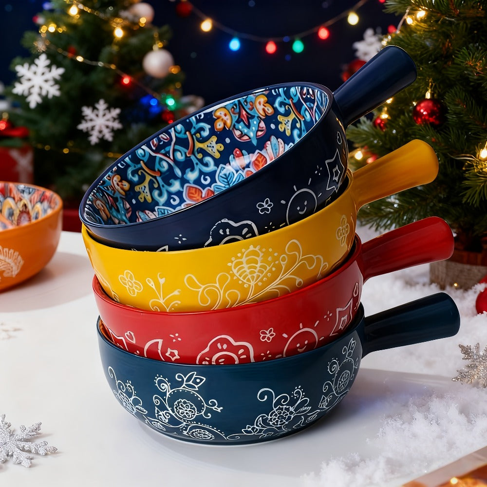 Four-Piece Bohemian-Style Ceramic Bowl Set with Handles in Light Blue, Blue, Red and Yellow
