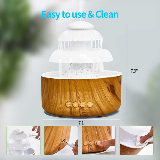 Humidifier Rain-Sound Model with Eight-Color Night Light, 10-Hour Runtime and Water-Soluble Oil Compatibility