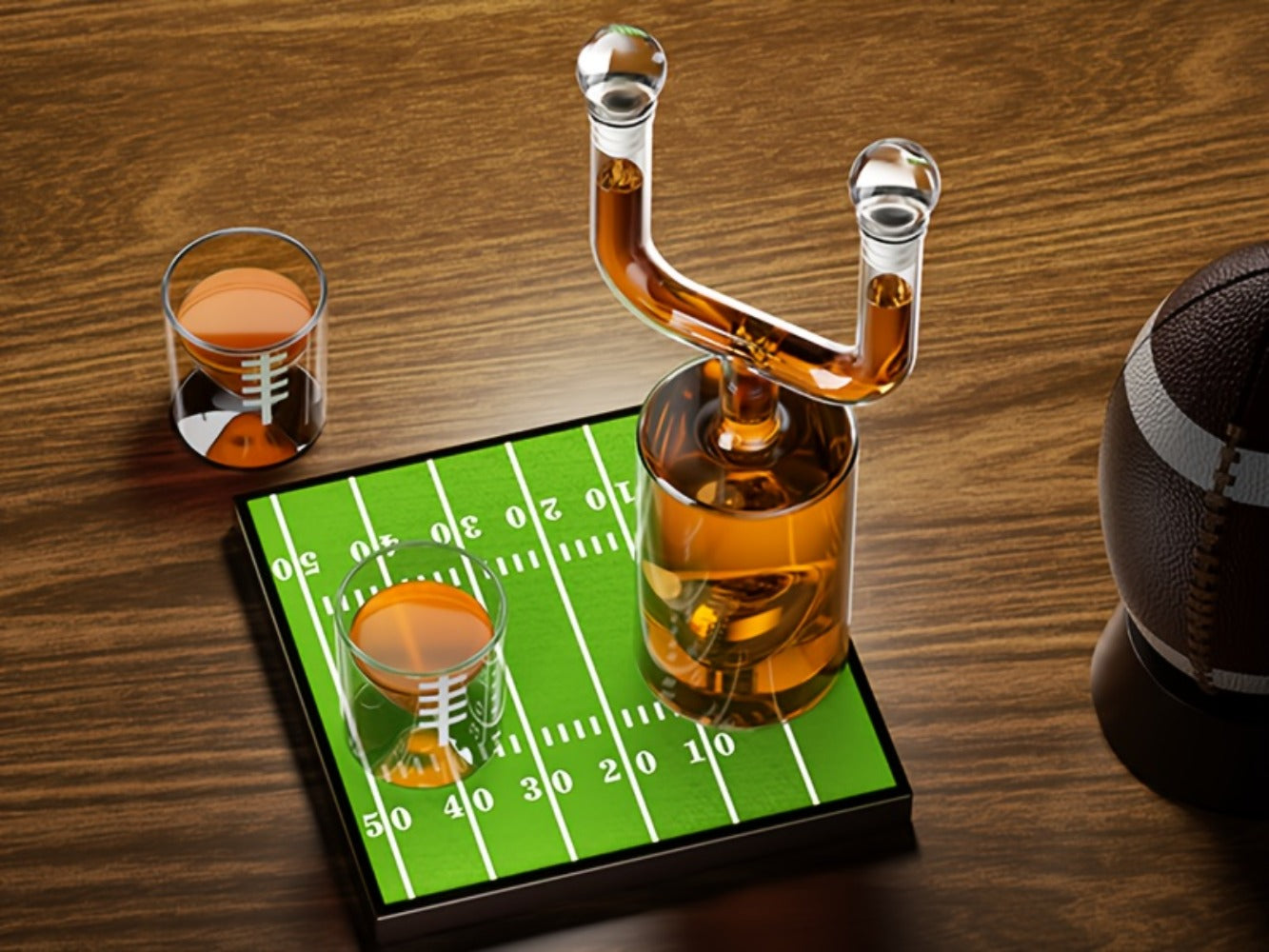 Football Goalpost Whiskey Decanter Set with 28 oz Bottle, Two 3.8 oz Game-Day Glasses and Field Display Base