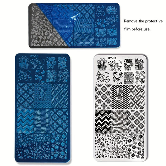 Nail Stamping Plate Set 9Pcs with 7 Mixed Design Stainless Steel Plates – Complete Nail Art Stamp Kit with Stamper & Scraper for Floral Geometric Abstract DIY Manicure Printing, Reusable Beginner & Pro Nail Decoration