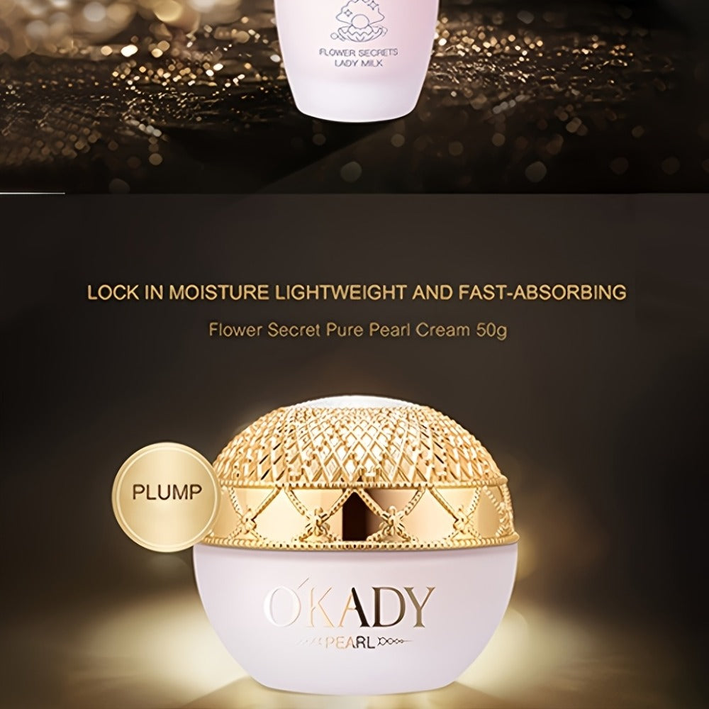 7-Piece Pearl-Themed Skincare Gift Set with Coordinated Facial-Care Bottles and Jars in a Fitted Box