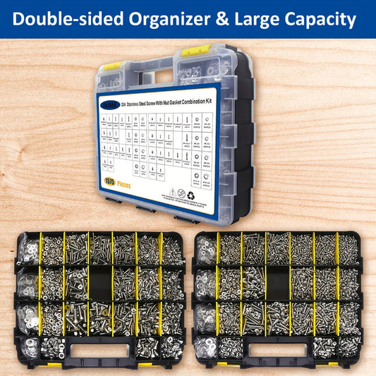 1575pcs 304 Stainless Steel Nuts and Bolts Assortment Kit – Pan Head Flat Head Screws Nuts Washers with Double-Sided Storage Box for Home & Mechanical Repairs