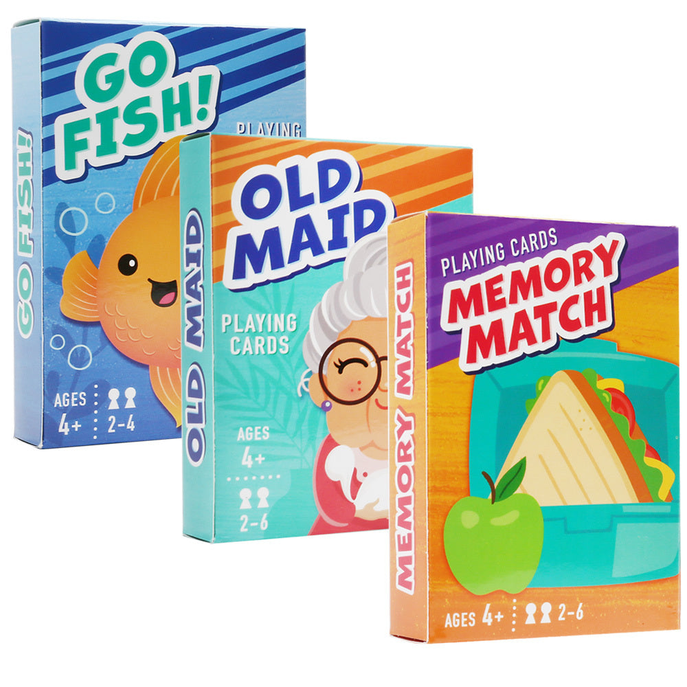 Kids Card Game Bundle with Go Fish and Old Maid Decks, Optional Memory Match Third Deck, Ages 4 Plus in English