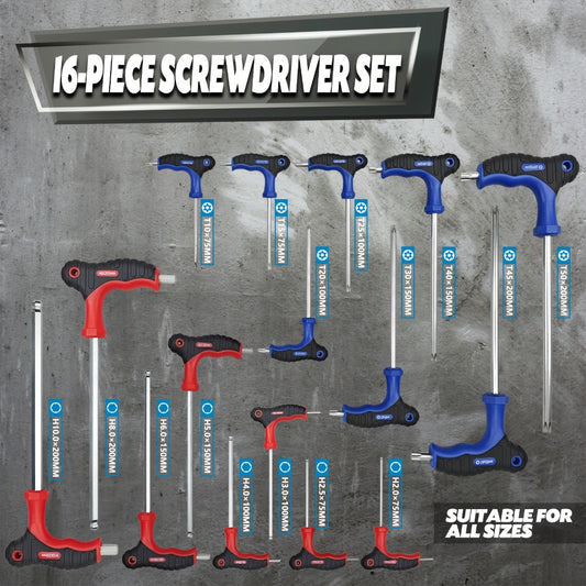Hex Wrench Set 16-Piece T-Handle | Long Ball End & Star Hex Allen Keys, Chrome Vanadium Steel, Color-Coded, 1.5-10mm T10-T50 1/16-3/8, Bicycle & Mechanic Tool Kit