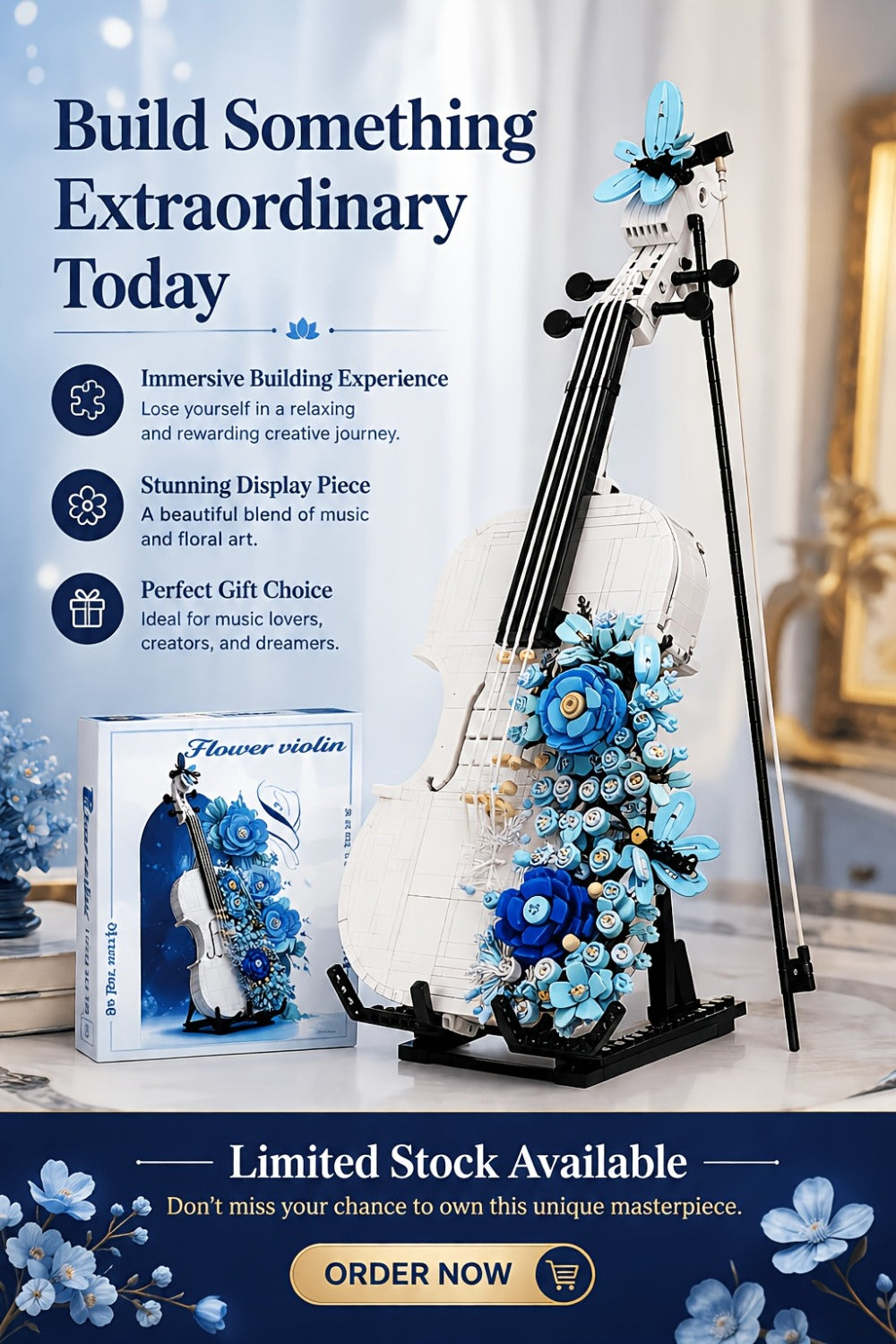 1419-Piece Flower Violin Building Block Model with Brick-Built Stand, Blue Blooms and Panel Detail