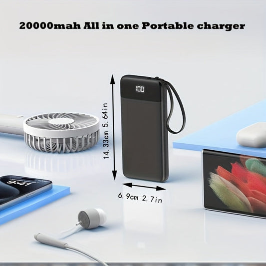 Power Bank 20000mAh with Built-In Cable Set, 20W Listed Charging and Solar or Standard Options