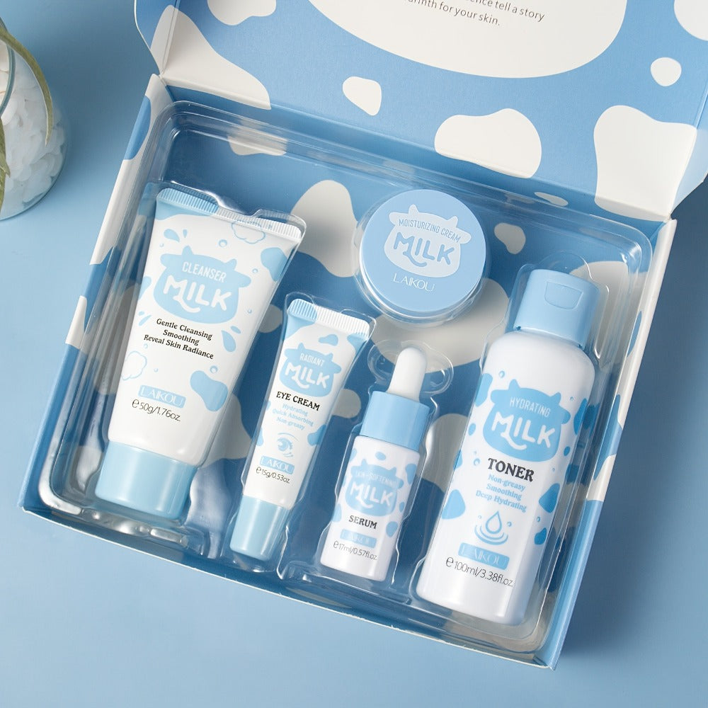 Skincare Set with LAIKOU Label, 5 Milk Niacinamide Alpha-Arbutin Items with Cleanser Toner Serum and Creams