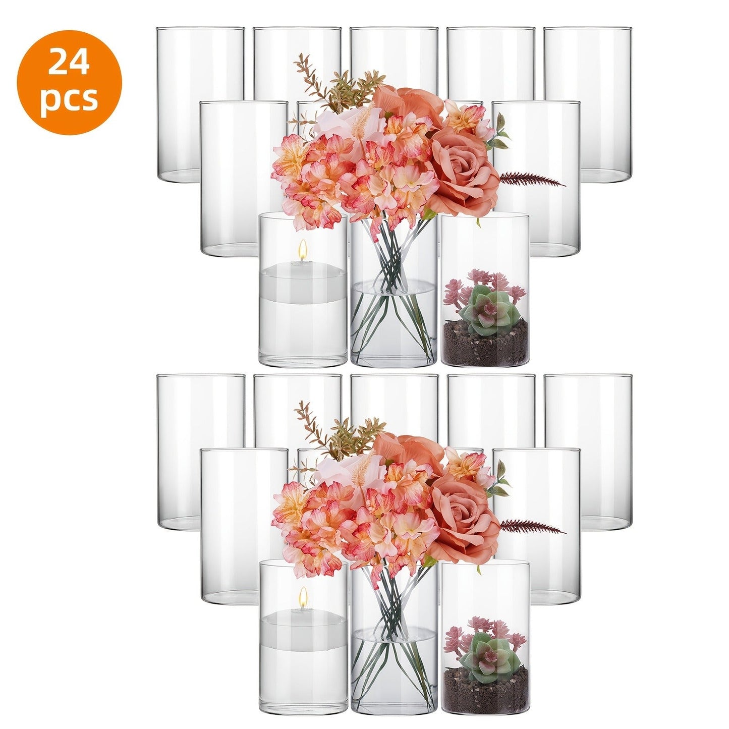 Glass Cylinder Vases for Centerpieces Bulk 12/24pcs – Clear Flower Vases for Wedding Decorations, Floral Arrangements, Home, Restaurant & Party Table Decor, 6x3.4in