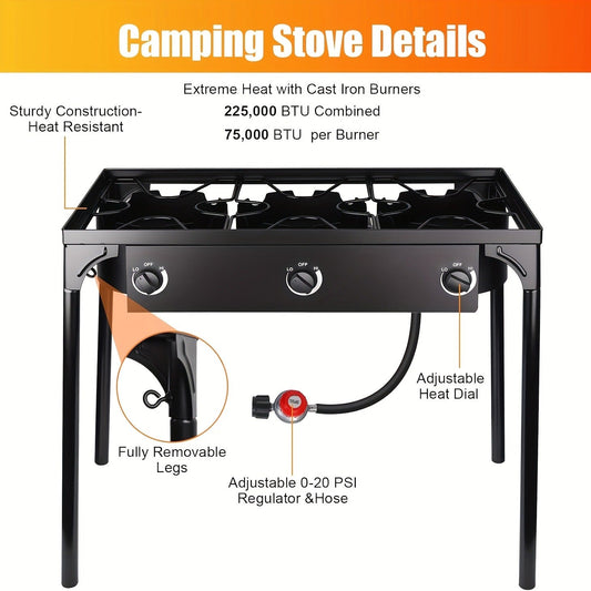 Propane Camp Stove 225000 BTU High-Pressure Burner Portable Outdoor Cooking Stove Detachable Legs Stainless Steel 1/2/3 Burner