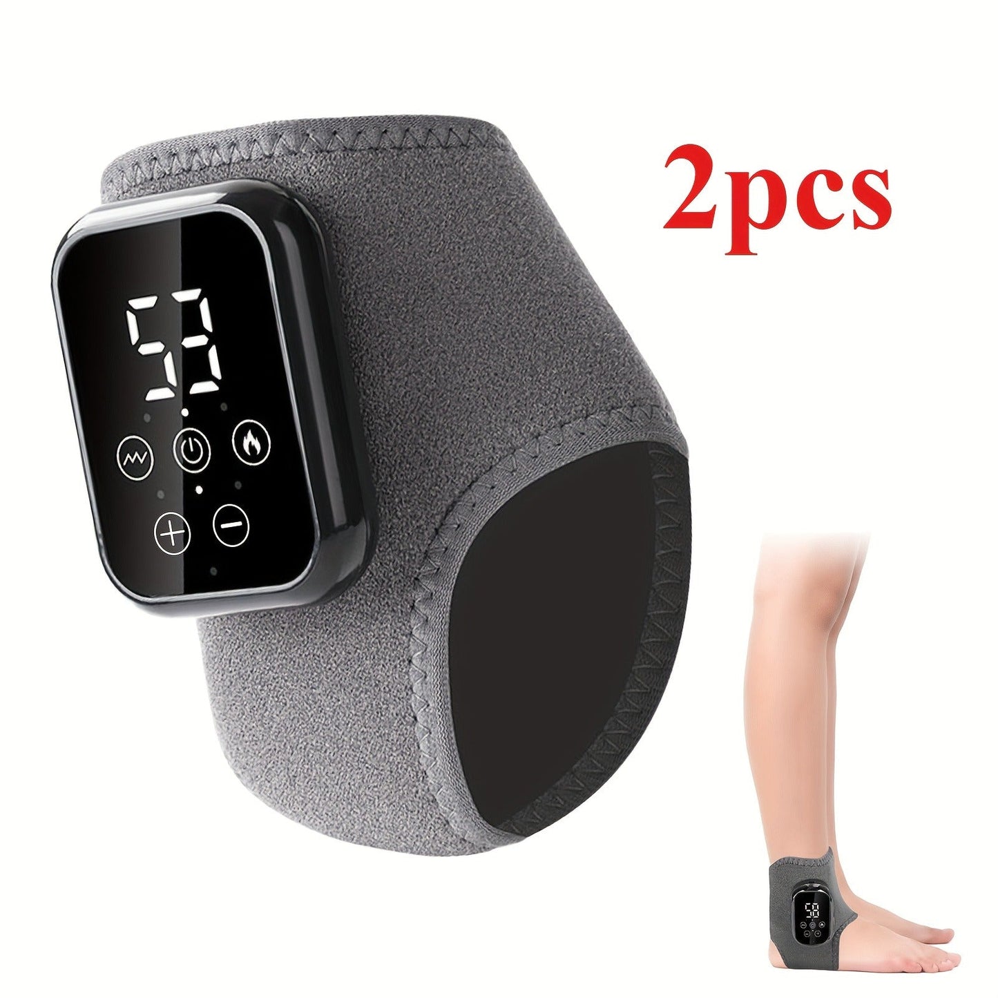 Wearable Heated Foot and Ankle Wrap with Touch Display, Five Heat Levels and One- or Two-Piece Gray Sets